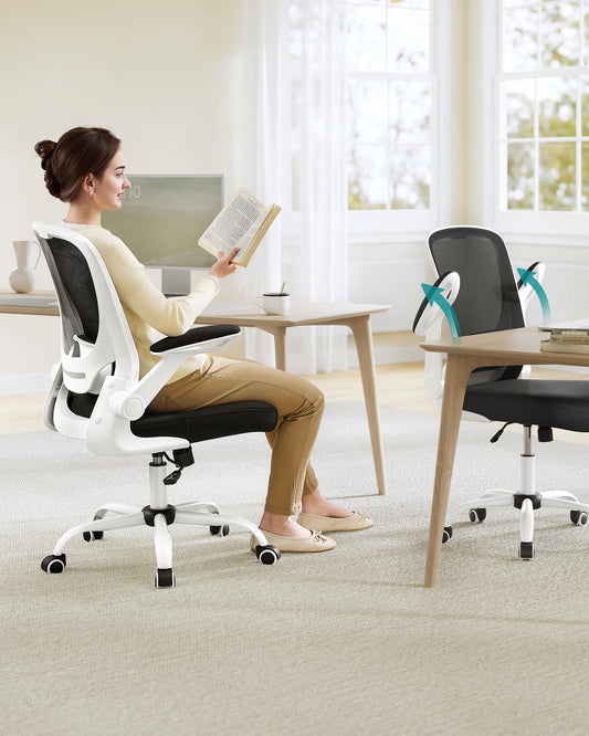 SONGMICS Ergonomic Canvas Office Chair, Seat with Padded Lumbar Support, Tilt Mechanism, Wide 53cm Seat, Foldable Armrests, Black and White OBN37WT