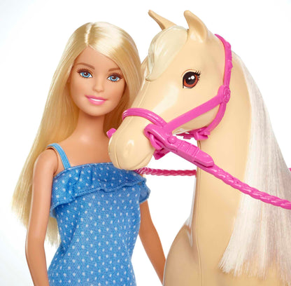 Barbie doll and horse toy, riding accessories, includes 1 doll and 1 horse, suitable as a gift for children aged 3 years and up, FXH13.