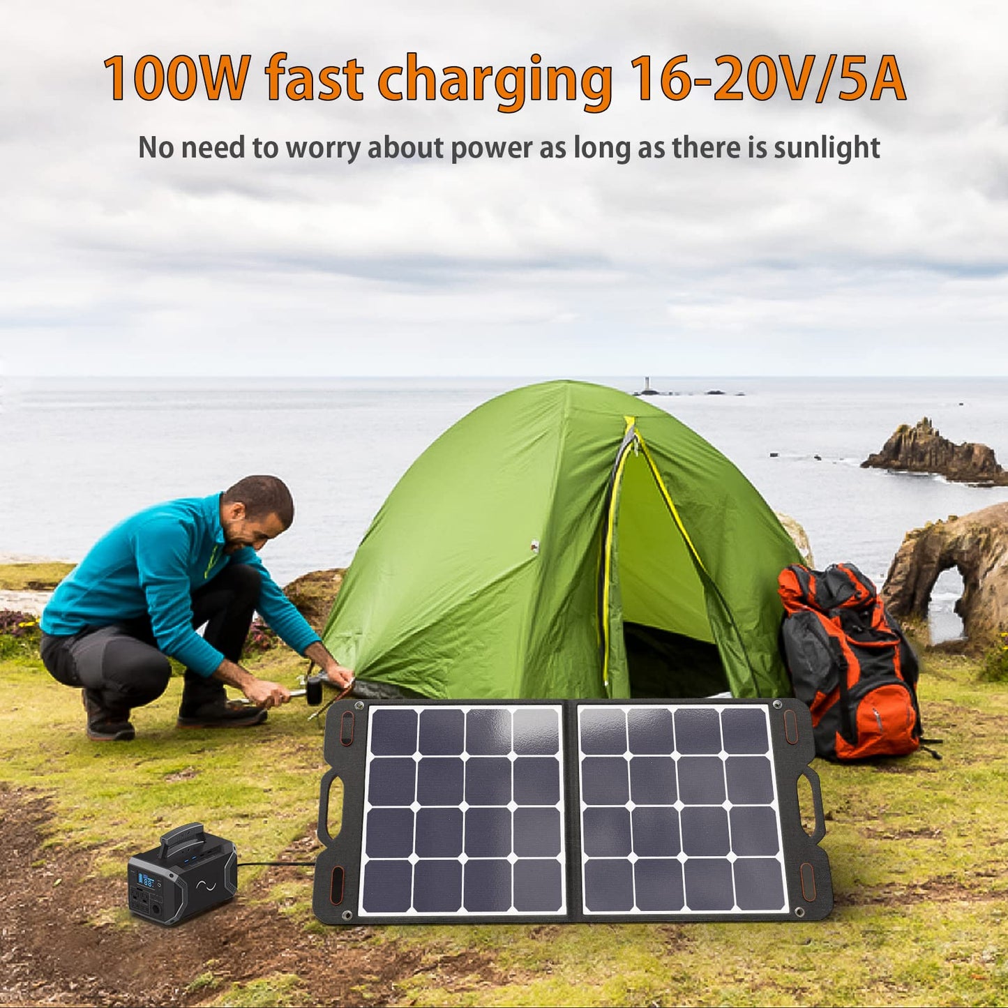 VDL 100W Portable Solar Panel for Power Station, foldable US solar cell charger with multi-contact 4 and XT60 outputs, solar panel solar power backup for outdoor camping, RVs, gardens, emergencies.