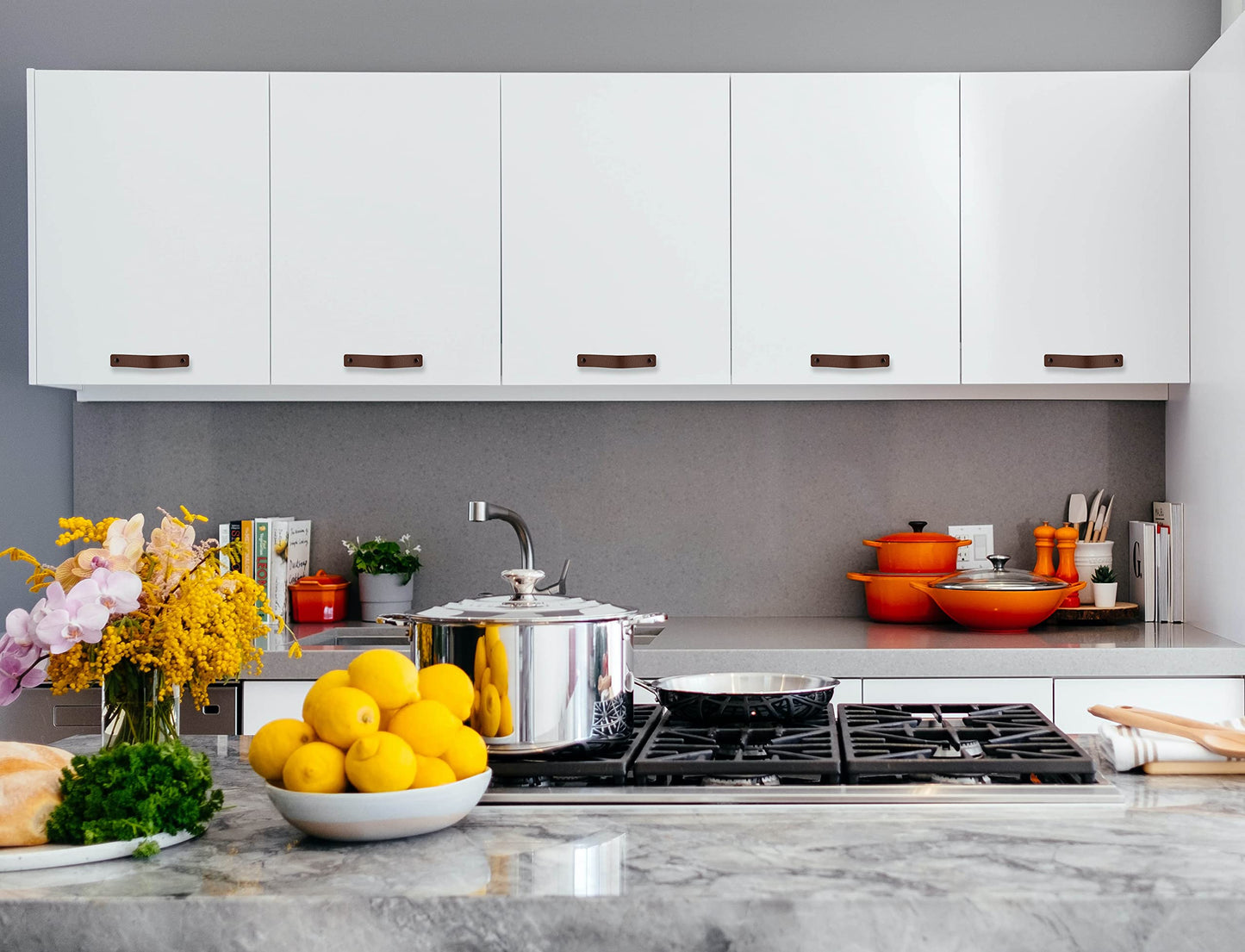 Brute Strength - Leather handles for furniture - Cognac - 6 pieces - 16.5 x 2.5 cm - Cabinet handle, door handle for kitchen, bathroom, cabinets, chest of drawers, wood