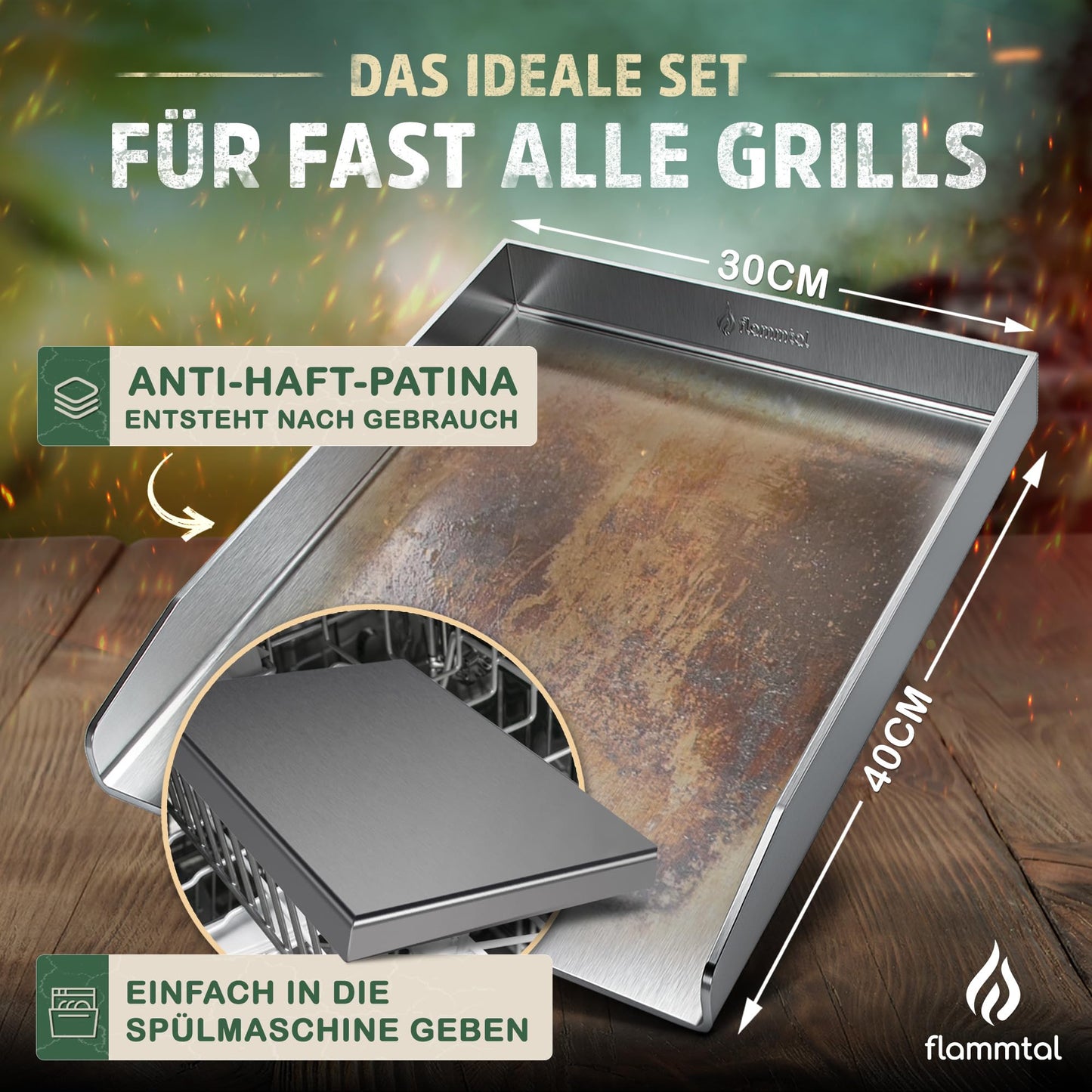 flame valley - Plancha Grill Plate [30x40 cm] - Stainless steel grill plate with spatula set & 20 burger paper - Solid 4mm stainless steel grill plate for gas grill.