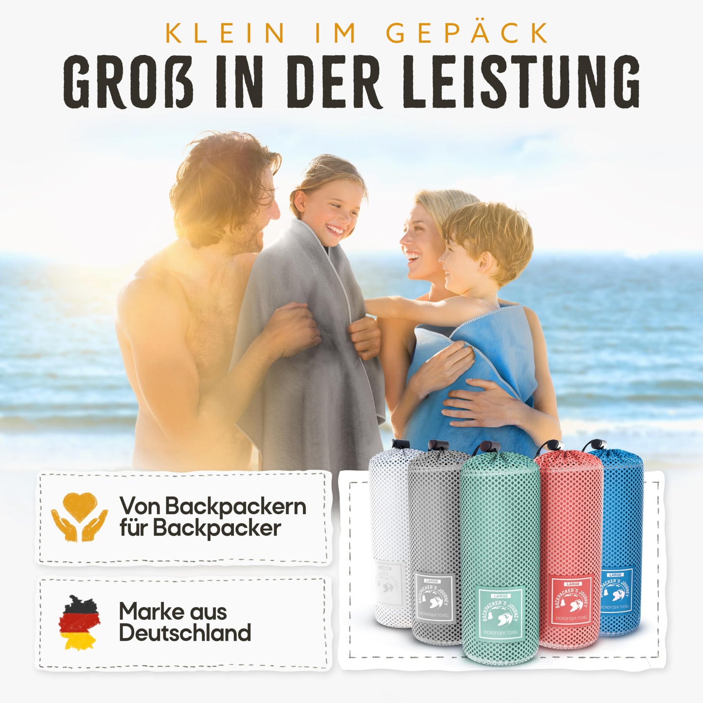 Backpacker's Journey microfiber towels in S M L XL. Travel towel sets are lightweight, quick-drying, absorbent, and antibacterial (gray XL&M)