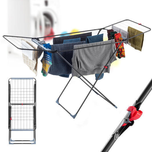KADAX clothes dryer with 18m drying area in anthracite color, with wheels & sock hanger. Ideal for apartment balcony & garden, foldable wing dryer with non-slip feet, space-saving, Made in EU.