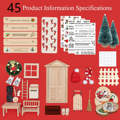 WVWMYM Elf Door Complete Set, Miniature Elf Accessories Christmas, Elf Door Set, Christmas Decoration Fairy Door for Kids Elf House, Christmas Tree Garland, Carpet, Miniature Garden Furniture (45 pieces)