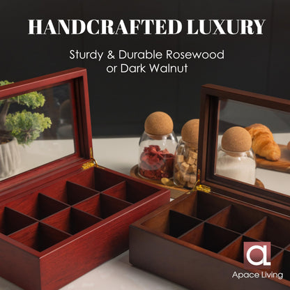 Apace Living Tea Box - Luxurious Wooden Tea Storage Box - 8 compartments for tea bags - Handcrafted box with scratch-resistant window - Elegant tea bag storage box.
