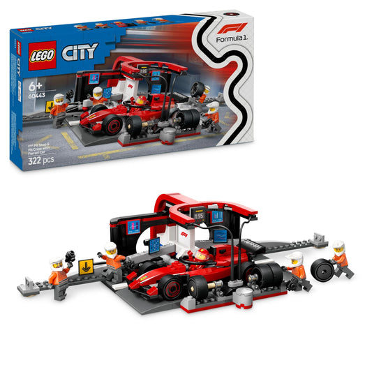 LEGO City F1 Pit Stop with pit crew and Ferrari speedster - Formula 1 Pit Stop set with 1 racer and 4 mechanic minifigures - Toy race car for boys and girls ages 6 and up - 60443