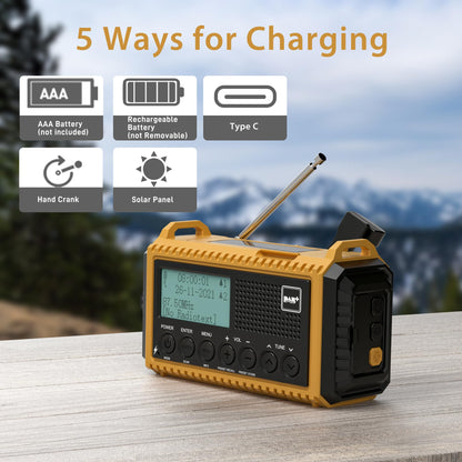 Crank radio with 5000mAh battery, portable solar radio with LED flashlight & reading light, DAB+ jobsite radio IPX4, emergency radio and SOS alarm. Suitable for hiking, camping, outdoor activities. Yellow DAB model.