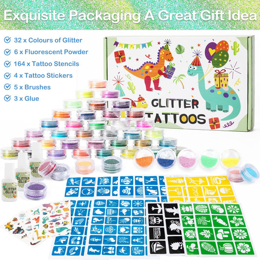 Highttoy Glitter Tattoo Set for Kids, 38 Colors Dino Glow Temporary Glitter Tattoos for Boys, 164 Stencils, 5 Brushes, 4 Child Tattoos, 3 Glues. Perfect gift for Birthday Party Halloween Christmas.