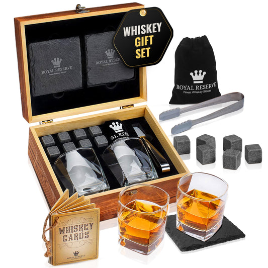 Whiskey gift set - whiskey glasses, stones, coasters, ice tongs, wooden box, history and recipe cards, velvet bag - accessory set, gift for men, husband, from Royal Reserve