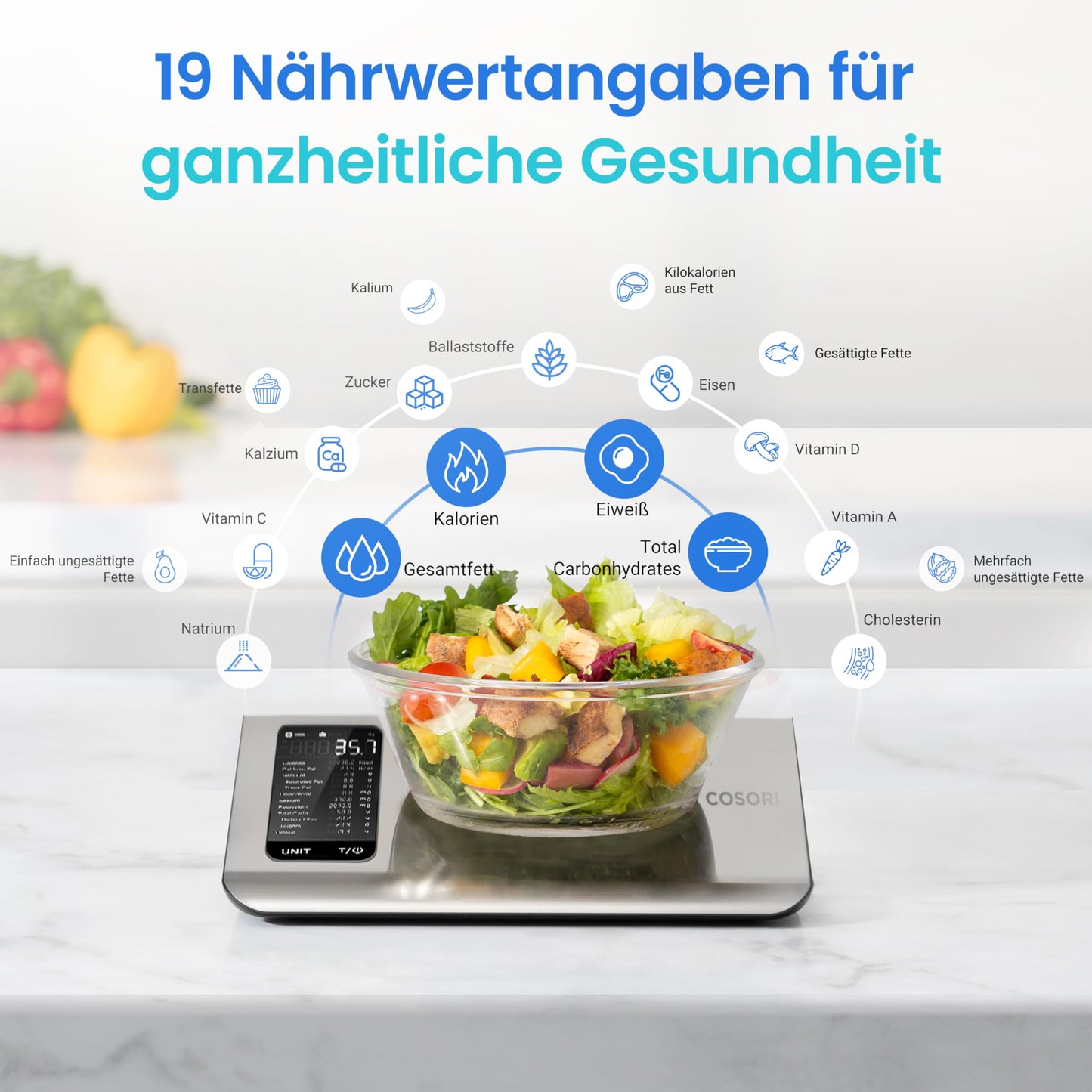 Cosori digital kitchen scale with nutritional calculation, nutrition scale app tracks 19 nutrients, calorie data analysis, 5kg stainless steel food scale, suitable for weight loss, database only for Germany.