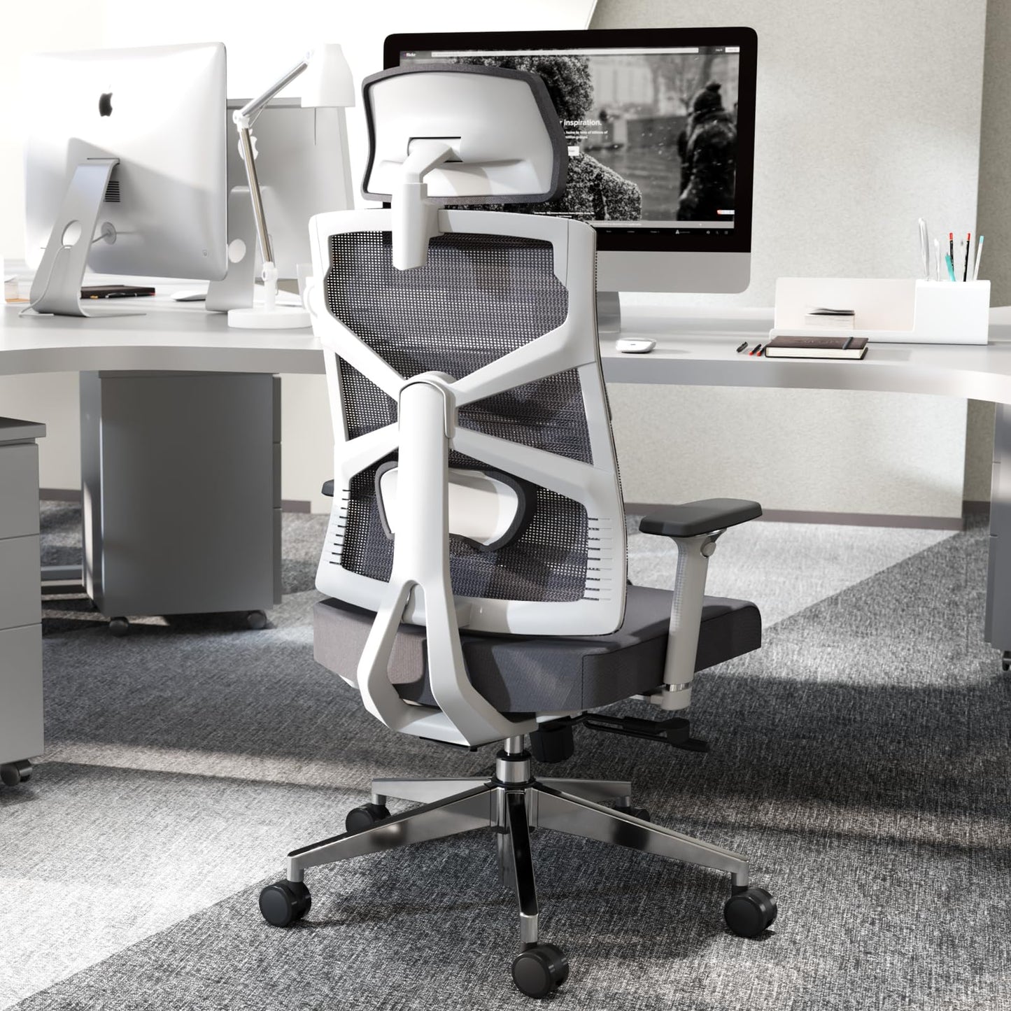 HOLLUDLE ergonomic office chair with adaptive backrest, desk chair with 4D armrests, adjustable seat depth, lumbar support, and 2D headrest, breathable mesh executive chair, White