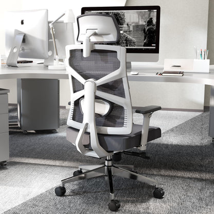 HOLLUDLE ergonomic office chair with adaptive backrest, desk chair with 4D armrests, adjustable seat depth, lumbar support, and 2D headrest, breathable mesh executive chair, White