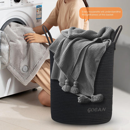 GOCAN Large High Sturdy Laundry Hamper Basket Woven Storage Baskets for Clothes Pillows Blankets Toys in Living or Bedroom Decoration H50XT38cm Black