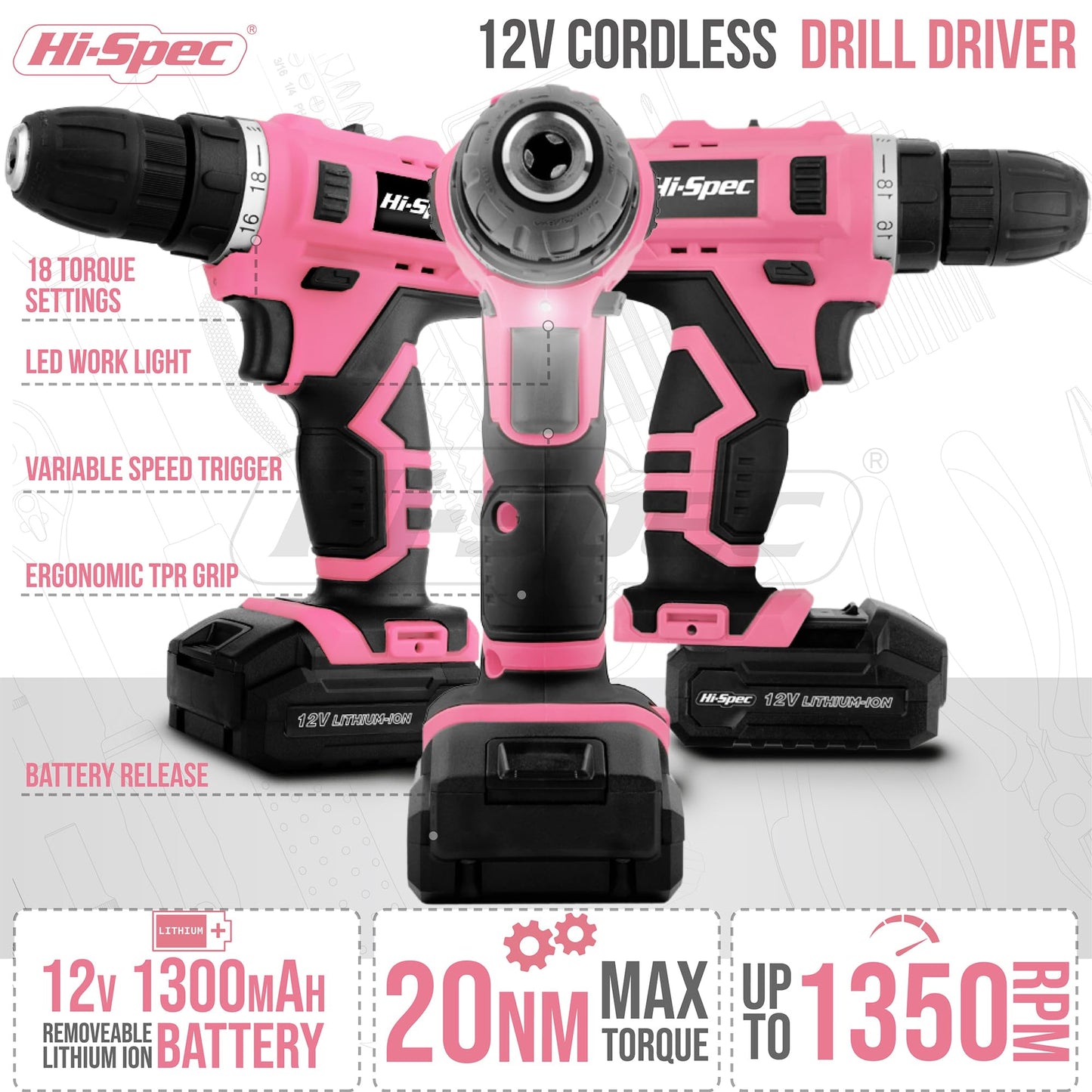 Hi-Spec 30-piece women's tool kit with 12V pink cordless drill, hammer, and screwdrivers - tool set for household, garden, & hobby.