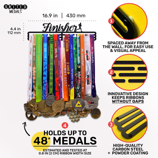 United Medals Finisher Medal Holder for Running, holds up to 48 medals - Runner's gift, marathon accessory - Medal Holder Hanger Display Rack - Black