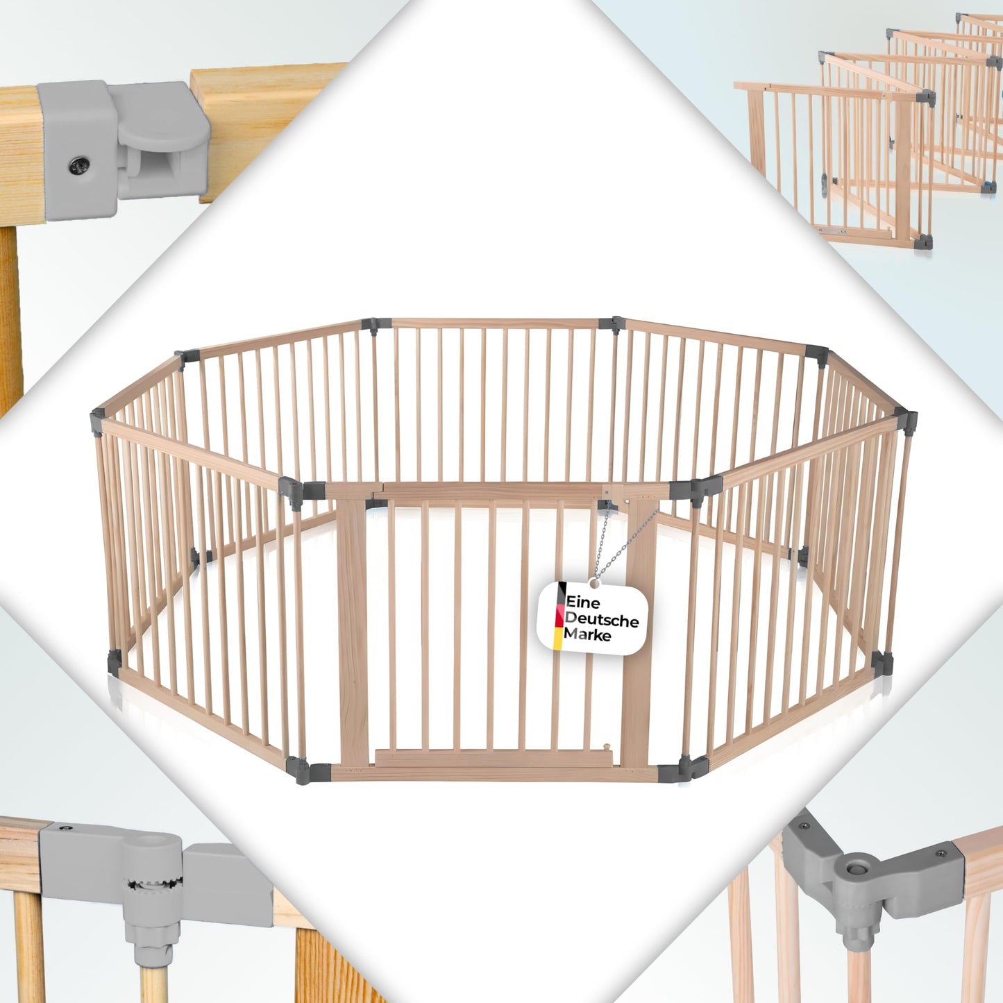 Baby Vivo XXL Playpen Play Yard Baby Safety Gate Crawling Fence Wooden with Door - adjustable - 8 elements PREMIUM Gray