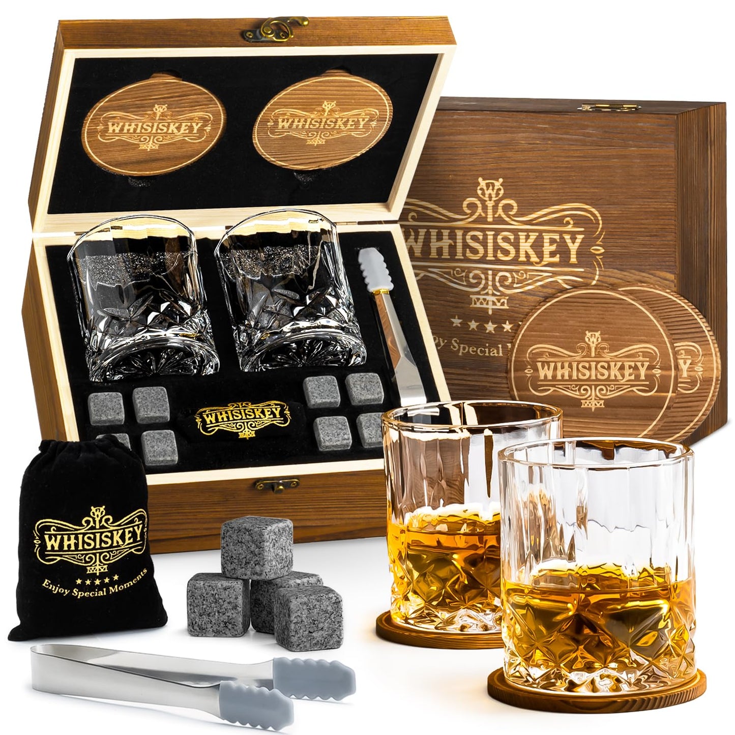 WHISISKEY Whiskey Glasses Set - Whiskey Gift Set Glass - Whiskey Glasses - Men's Gifts - Men's Gifts - Birthday Gift Man - Gift Box, 2 Rum Glasses x 310ML, 8 Whiskey Stones