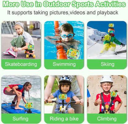 GKTZ kids camera waterproof, 180° rotatable digital action camera for kids, birthday gift toy for children ages 3-12 boys and girls, underwater camera with 32GB SD card, green