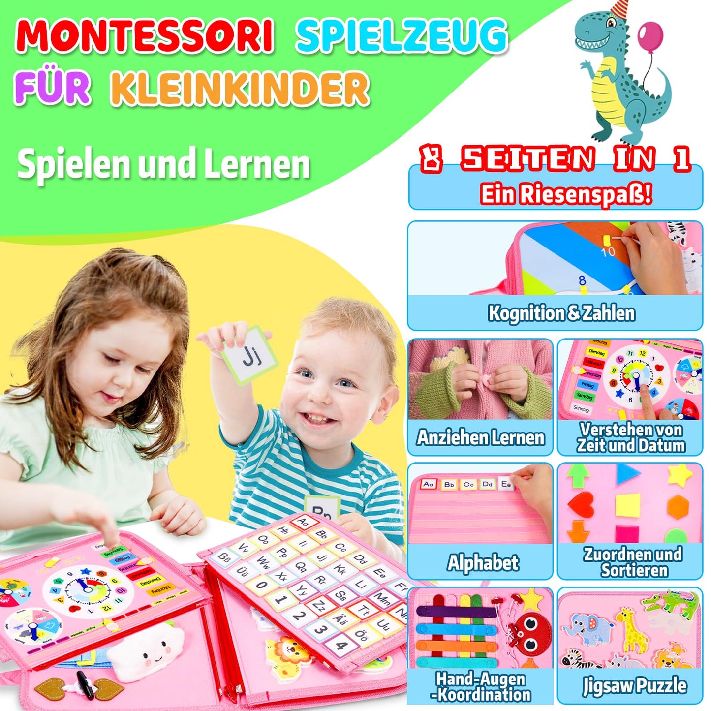 Esjay Busy Board German Montessori Toy for Toddler Girls, Activity Board Book Motor Skills Toy, Gift for Girls Birthday, Learning Toy Motor Skills Board for Travel by Car or Plane, German Pink