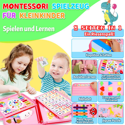 Esjay Busy Board German Montessori Toy for Toddler Girls, Activity Board Book Motor Skills Toy, Gift for Girls Birthday, Learning Toy Motor Skills Board for Travel by Car or Plane, German Pink