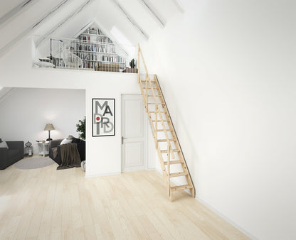 DOLLE space-saving staircase made of untreated solid spruce Height up to 283.5 cm including railing with two-part stringer