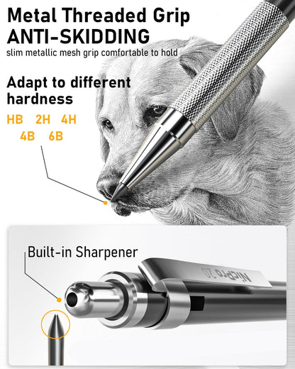 Nicpro 34-piece mechanical pencil set, black metal mechanical pencil set, 0.3, 0.5, 0.7, 0.9mm, and 2mm lead holders (6B, 4B, 2B, HB, 2H, 4H, CR) for sketching, drawing, with 19 tubes of lead.