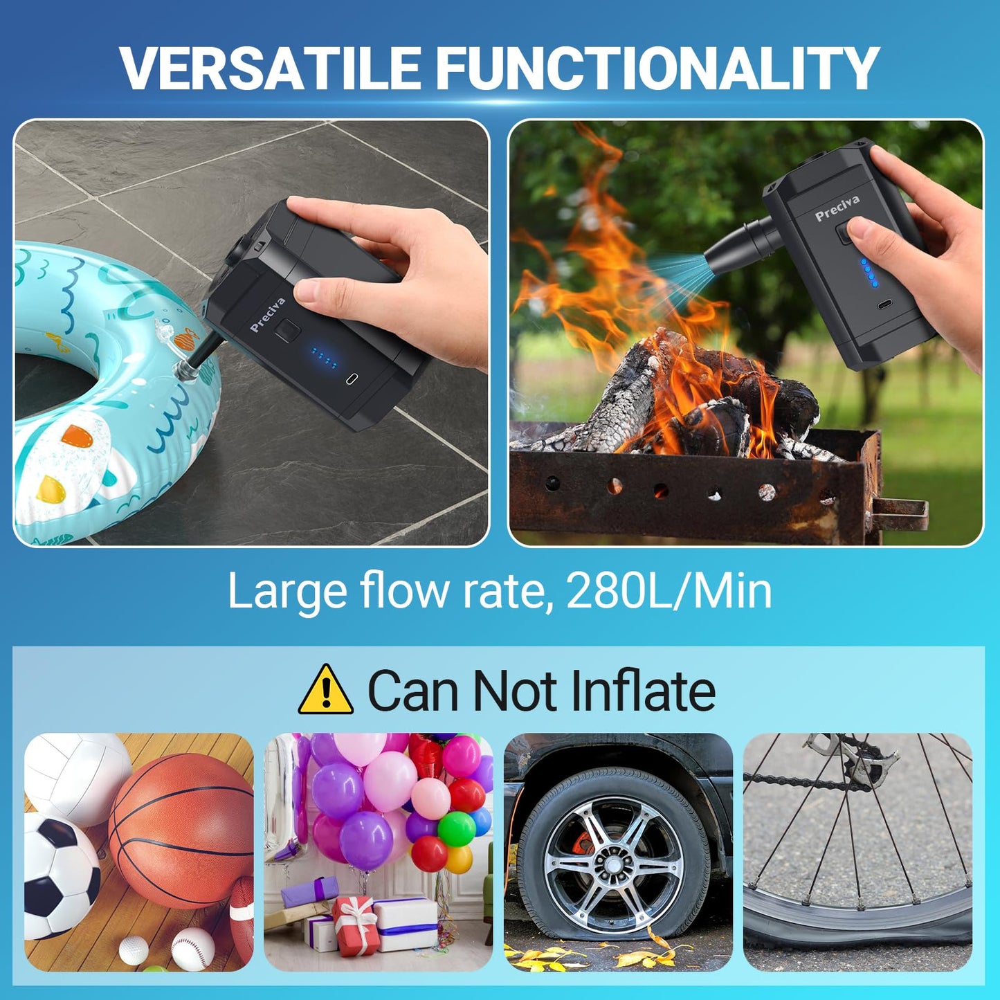 Electric air pump, 5200mAh rechargeable battery air pump portable with 3 nozzles USB-C for air mattresses, swim rings, camping. Includes bag, 280L/min. Perfect for beach, garden party, travel.