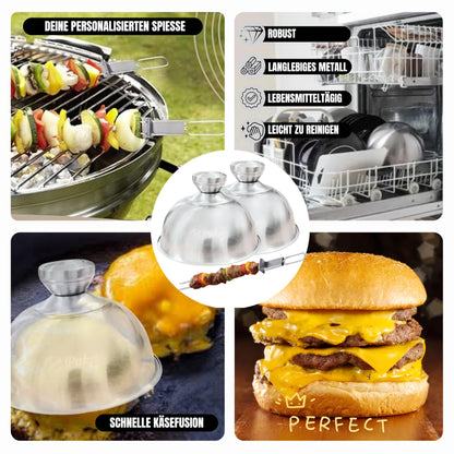 PUKPU Smash Burger Set - 6-piece BBQ & grill accessories with burger press, burger smasher, 2 melt domes, grill spatula & skewer - gift for men & grill fans (Brown, 6)