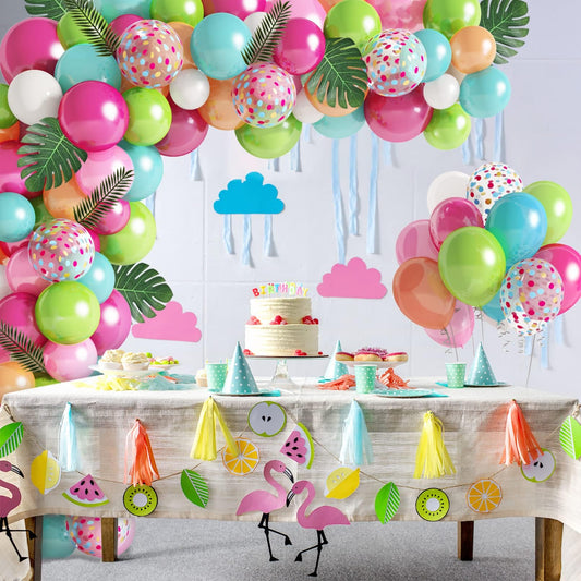 140 Piece Tropical Balloons Garland, Hawaiian Tropical Balloon Garland with Flamingo, Palm, Leaf, Latex Balloons for Summer Party.