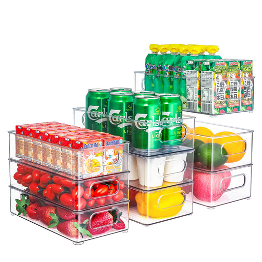 THLEITE Fridge Organizer Stackable 9-Piece Set (3 Sizes), High-Quality Pantry Storage Containers with Handle, Transparent Storage Box, Ideal for Kitchen, Fridge, Cabinets - BPA Free