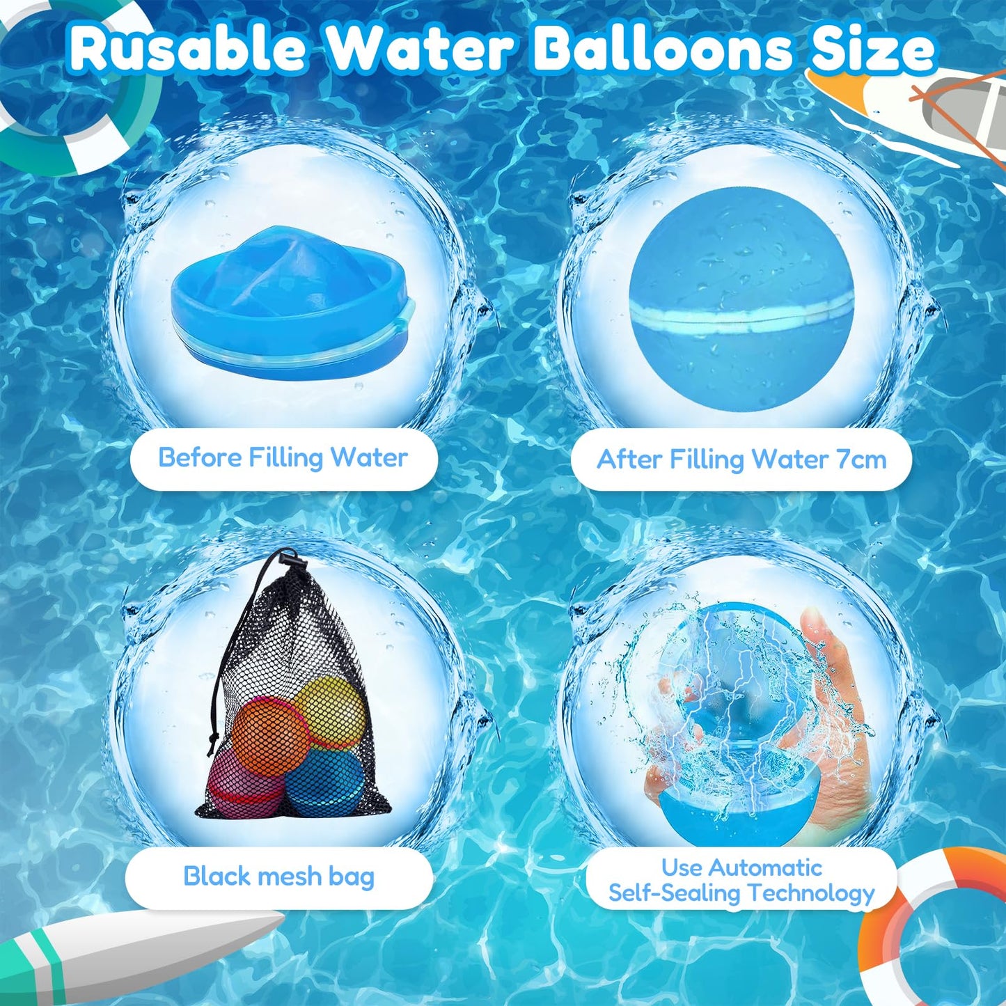 GUHAOOL 15pcs Reusable Water Balloons, Self-Sealing, Water Balloons Quick Fill with Mesh Bag, Silicone Water Balloons for Water Balloon Fights, Pool, Beach & Family Activities