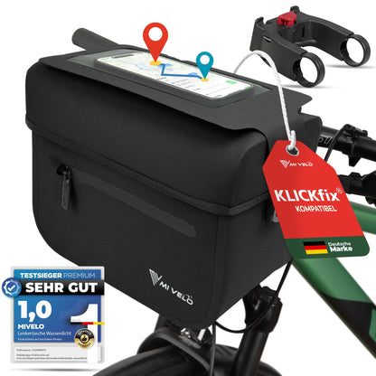 MIVELO Handlebar Bag for KLICKfix incl. Adapter - 100% waterproof - Bike Handlebar Bag - detachable phone pouch - Handlebar Bag - Handlebar Pouch - E-Bike compatible (Black with Adapter)