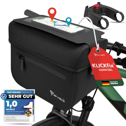 MIVELO Handlebar Bag for KLICKfix incl. Adapter - 100% waterproof - Bike Handlebar Bag - detachable phone pouch - Handlebar Bag - Handlebar Pouch - E-Bike compatible (Black with Adapter)