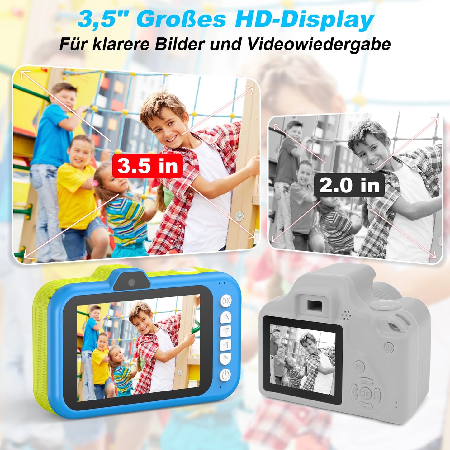 Children's camera with 3.5" display | 360° zoom lens | Selfies & LED flash | Digital camera with 32GB card | Toy for kids 3-12 | Blue