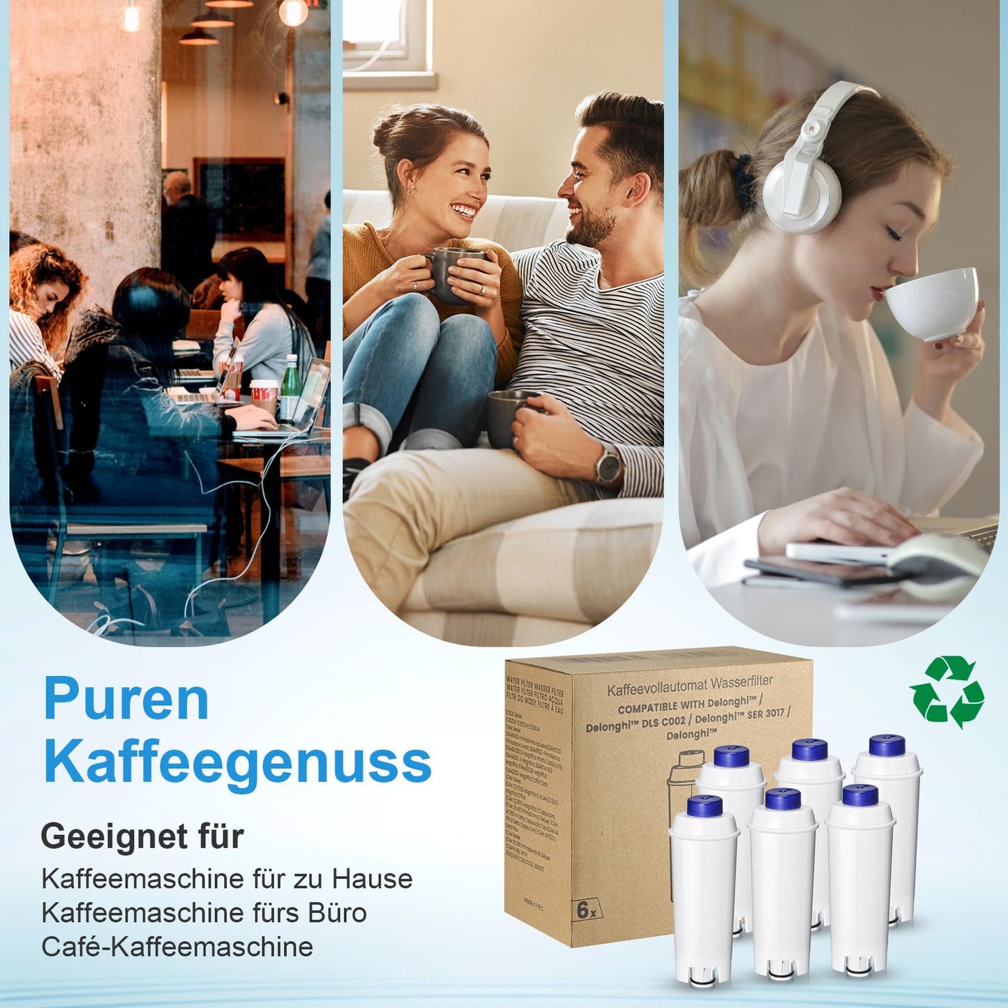 6 pack coffee machine water filters, compatible with Delonghi ECAM series, Dinamica, Cappuccino System, Magnifica, ETAM Autentica and various models of Esam.