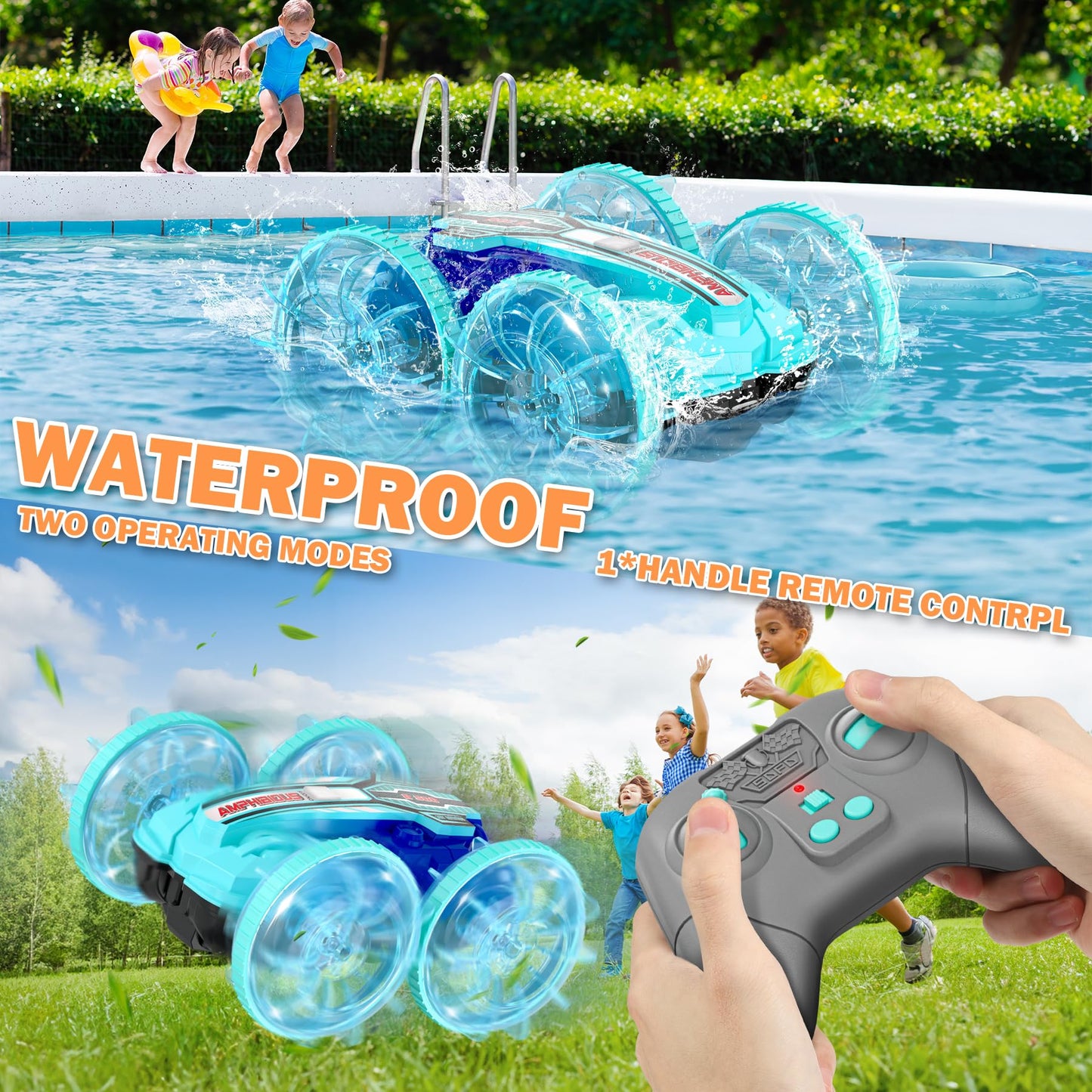 Ophy Amphibious Remote Control Car, Waterproof RC Toy, Amphibious Waterproof RC Stunt, Christmas Gifts Toy for Ages 3-9.