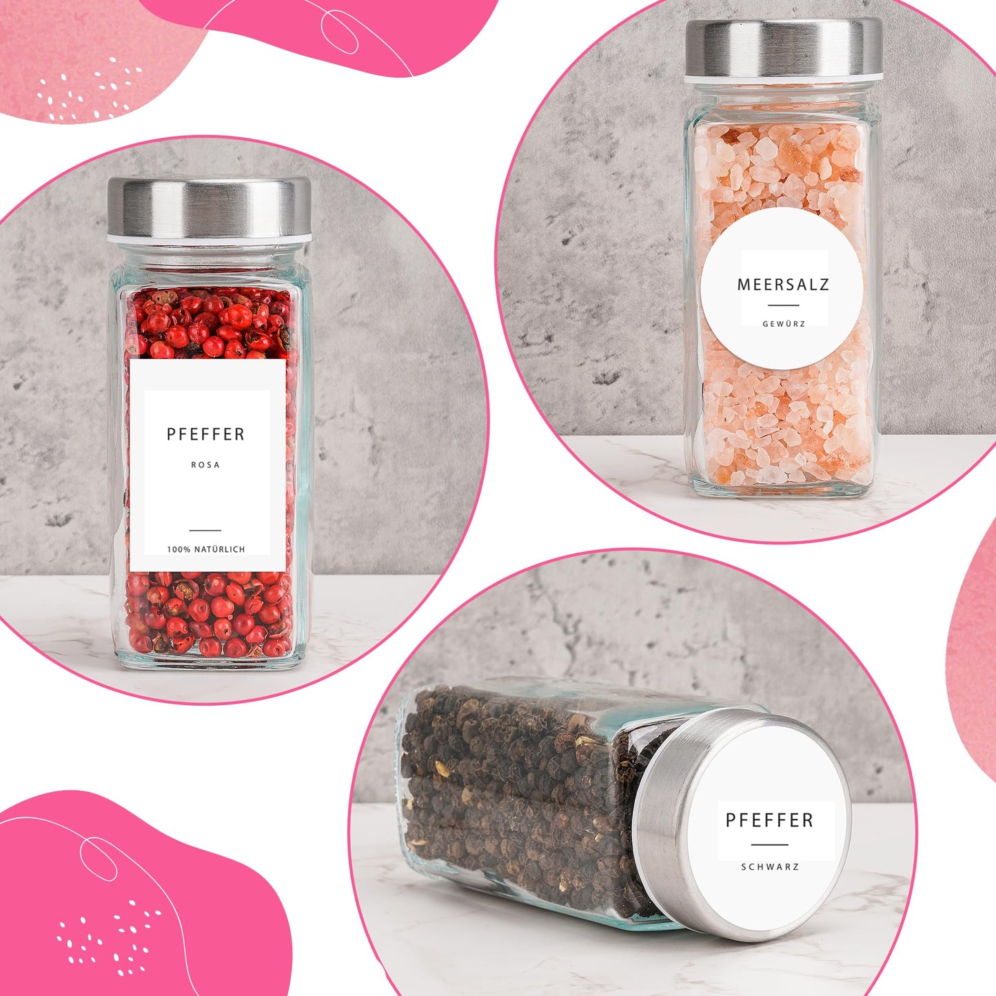 Happy Lemuro 24-Piece Spice Jar Set [120ml] with 301 labels in German | Spice jars with shaker tops, premium stainless steel lids & accessories - spice container set, spice storage, spice organizer