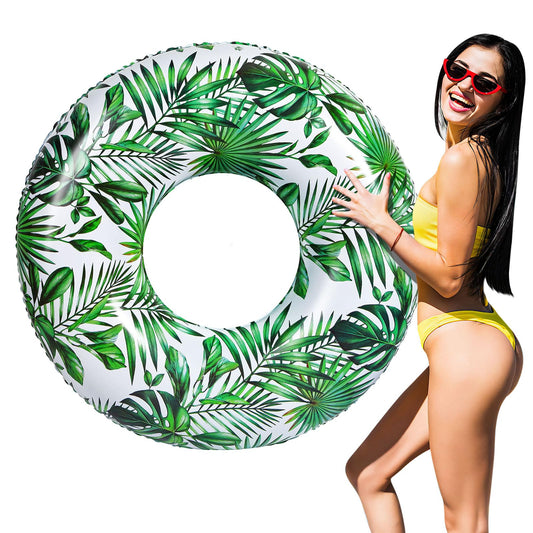 MoKo Adult Swim Rings, Inflatable Swimming Ring Water Game Ring, Large 107 cm Swim Ring Air Mattress Pool Toy Water Toy for Beach Pool Outdoor Summer, White & Green Leaf