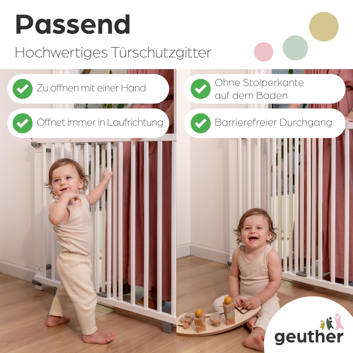Geuther Door Safety Gate Oris | Staircase Safety Gate for screwing on, Width 86-133 cm | Sturdy Baby Gate & Door Gate with Swinging Door, Certified & Safety Tested | Wooden Child Gate, White
