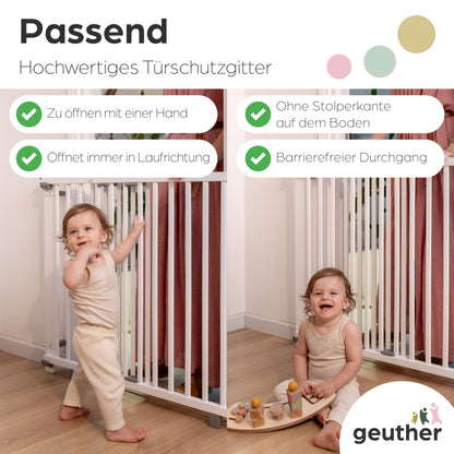 Geuther Door Safety Gate Oris | Staircase Safety Gate for screwing on, Width 86-133 cm | Sturdy Baby Gate & Door Gate with Swinging Door, Certified & Safety Tested | Wooden Child Gate, White