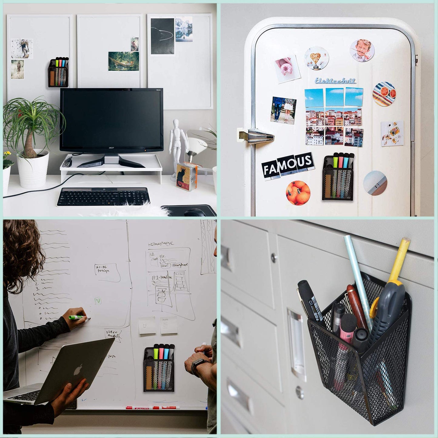 Magnetic storage basket Magnetic desk organizer Metal mesh storage basket Magnets storage box Office supplies mesh pen holder For locker accessories Whiteboard refrigerator 2 pieces