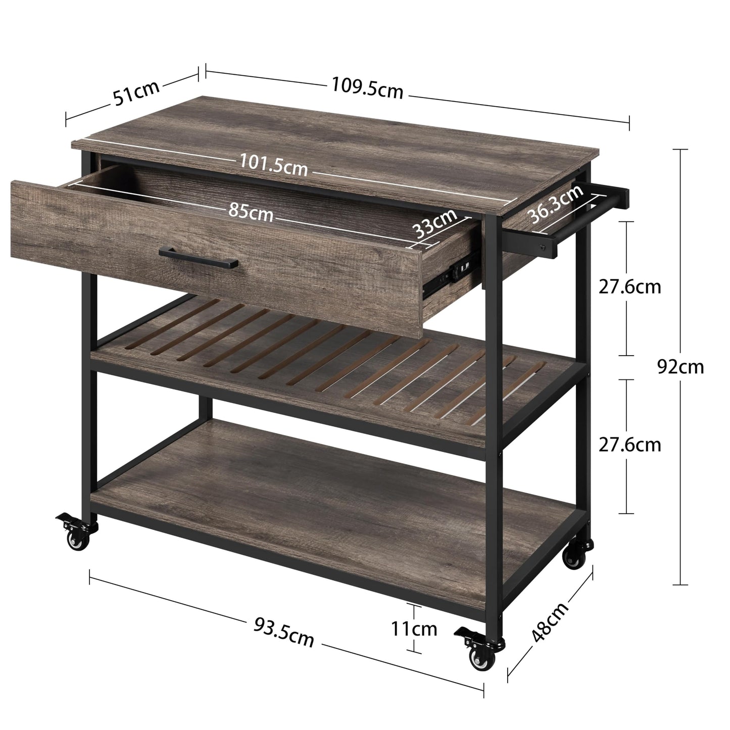 Yaheetech Serving Cart with Drawer Kitchen Trolley with 2 Shelves Rolling Cart Kitchen Trolley with 4 Wheels Kitchen Shelf Movable Kitchen Islands Side Table 109.5 x 51 x 92 cm, Taupe.
