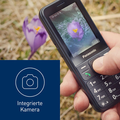 Panasonic KX-TF200 mobile phone, 2.4" TFT color LCD, 0.3MP camera, MP3 player and FM radio, 1000mAh Li-ion battery, GSM 900/1800 MHz, compatible with hearing aids, single SIM card, Black.
