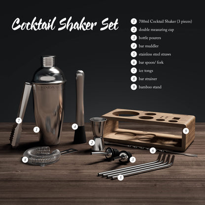 Cocktail shaker set with stand & recipe book: Premium stainless steel bar cocktail set cocktail shaker jigger straws bar spoon muddler | Bartender bar set cocktail accessories gift women men