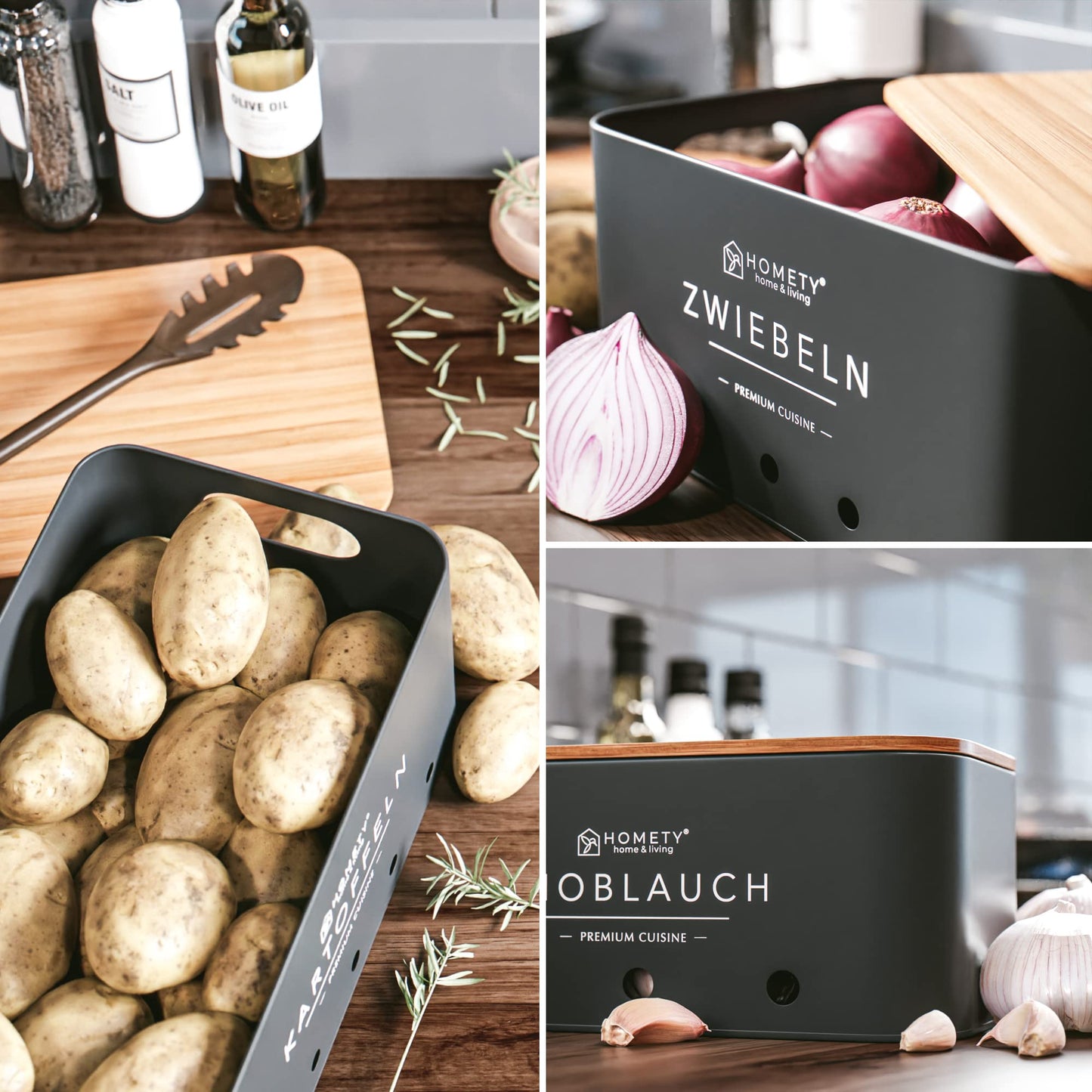 Homety Potato Storage Box [3 Pack] - Keeps Vegetables Fresh Longer - Ideal Way for Onion, Potato, and Garlic Storage (Black)