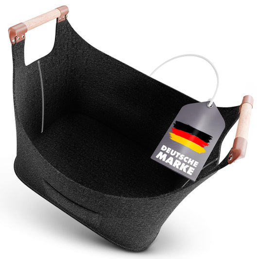 Xcelenze - XXL wooden basket for fireplace logs with wooden handle felt basket extra thick felt fireplace log basket felt bag foldable also as shopping basket car & storage basket for wood newspaper (dark gray)