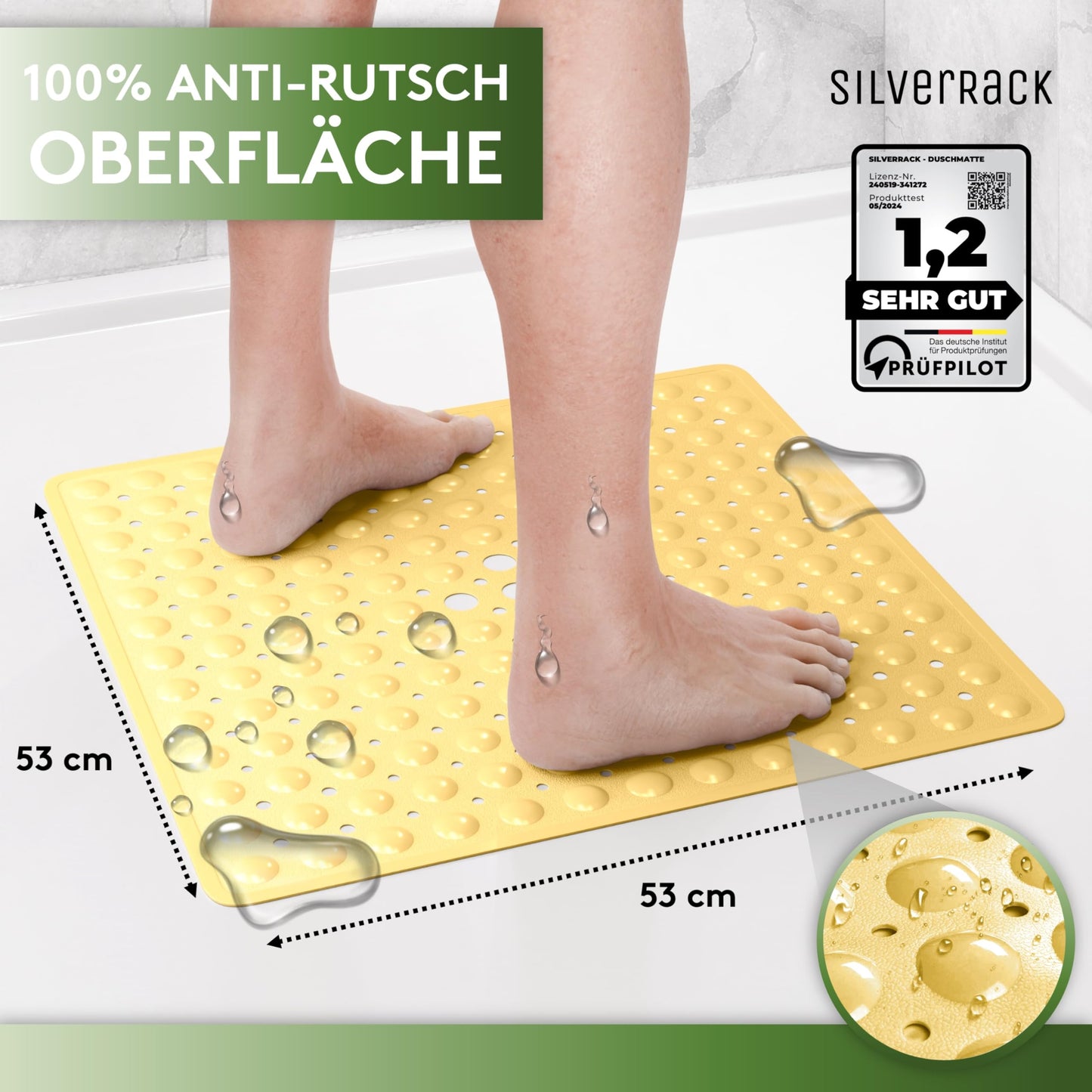 SilverRack Non-Slip Shower Mat 53x53 cm (Yellow) - Shower Anti-Slip Mat BPA Free for Kids - Non-Slip Bath Mat, Machine Washable and Mold Resistant - Non-Slip Shower Insert