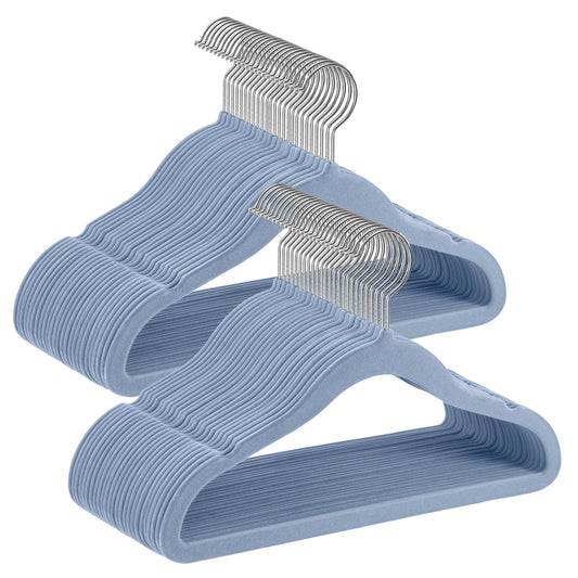 SONGMICS Children's Hangers, Set of 50 Kids Hangers, Baby Hangers, Velvet Hangers, 360° Rotating Hook in Silver, Space-saving, Non-slip, for Wardrobe, Pale Blue CRF027Q05