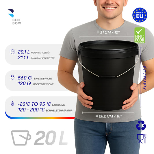 BenBow - Bucket with Lid Black 5X 20 Liters - food-safe stable airtight leak-proof odorless - Plastic storage container with metal handle - Crack-resistant grip, empty - for home