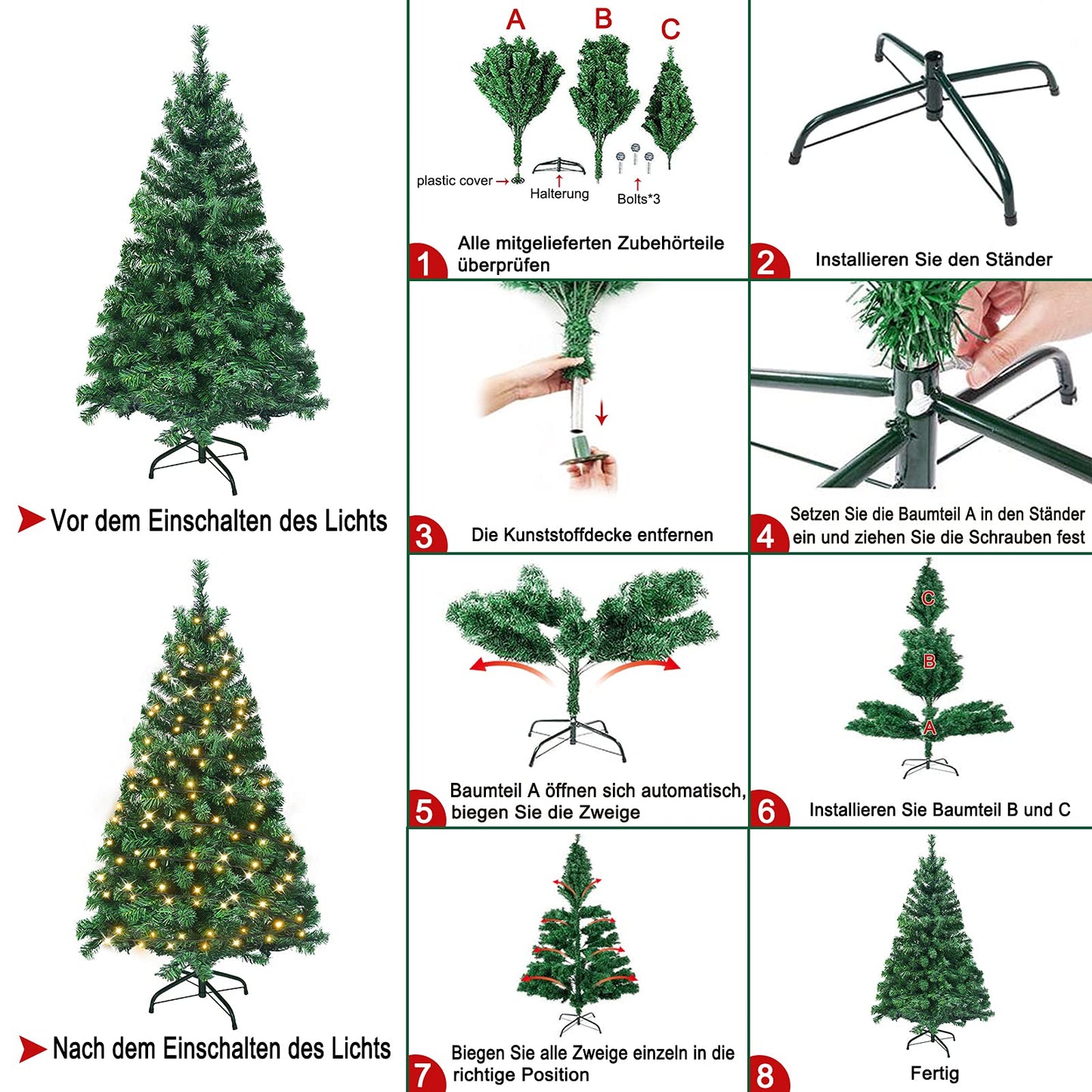 Artificial Christmas tree with lighting 180 warm white LEDs including metal stand 367 tips, PVC Christmas tree for Christmas decoration reusable (150cm, Green PVC+LED)